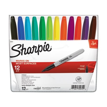 Dymo Sharpie, FINE TIP PERMANENT MARKER, ASSORTED COLORS, 12 Pieces 30072
